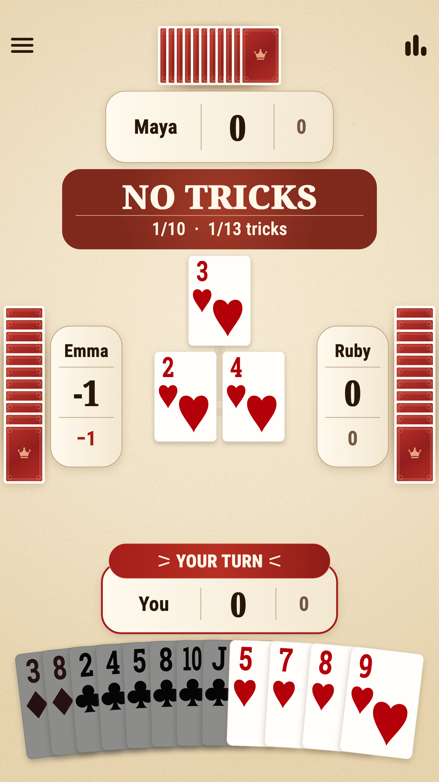 King gameplay: a No Tricks round with three hearts on the table and your hand ready to play